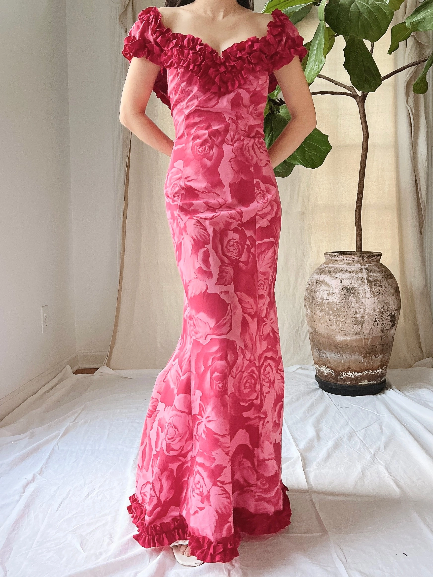 Vintage Polished Cotton Ruffle Shoulder Dress - S/M